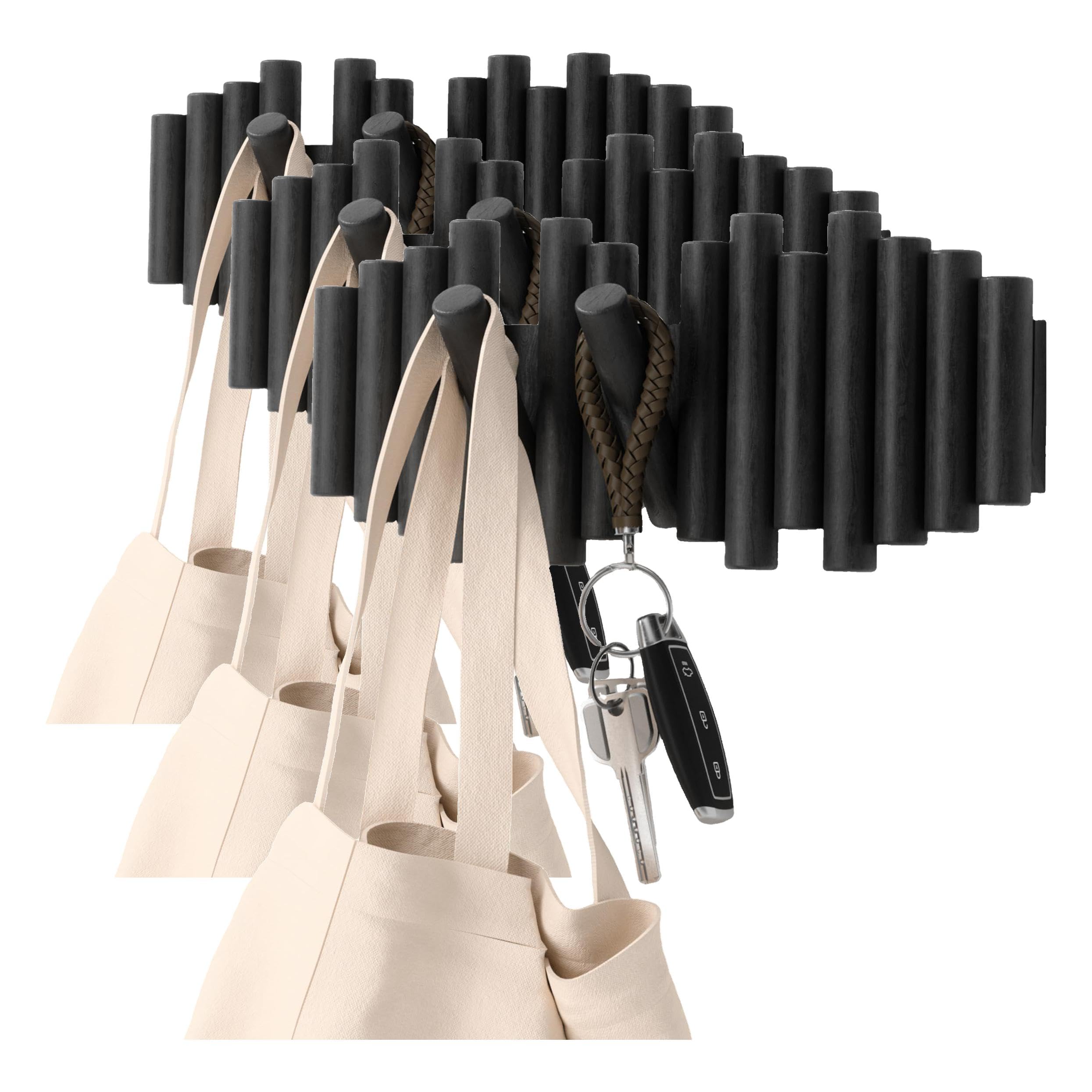 Umbra Picket Coat Rack Wall Mount – 5 Flip-Down Wood Coat Hooks, Modern & Functional Storage, Easy Install Wall Hooks, Natural