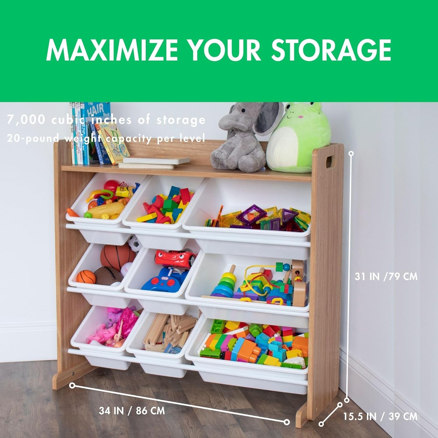 Humble Crew Toy Storage Organizer with Top Shelf and 9 Removable Bins, Natural/White – Toddler Bookshelf with Toy Organizer - Modern Toy Rack Ideal for Kids' Rooms, Playrooms, and Nurseries