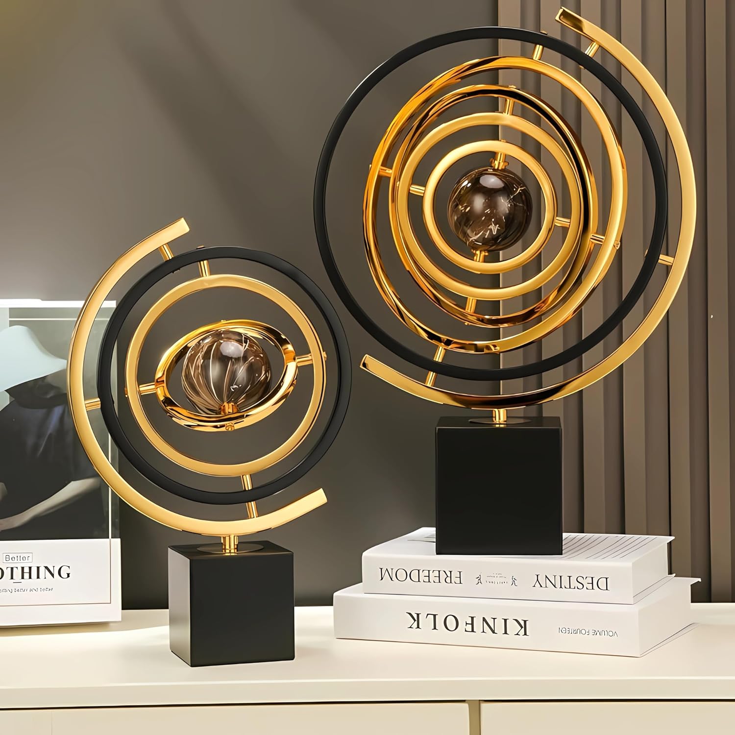 Gold Globe Abstract Art Decor, Sculptures with Rectangle Stands, Desk Decor - Black & Gold (XL, Globe)