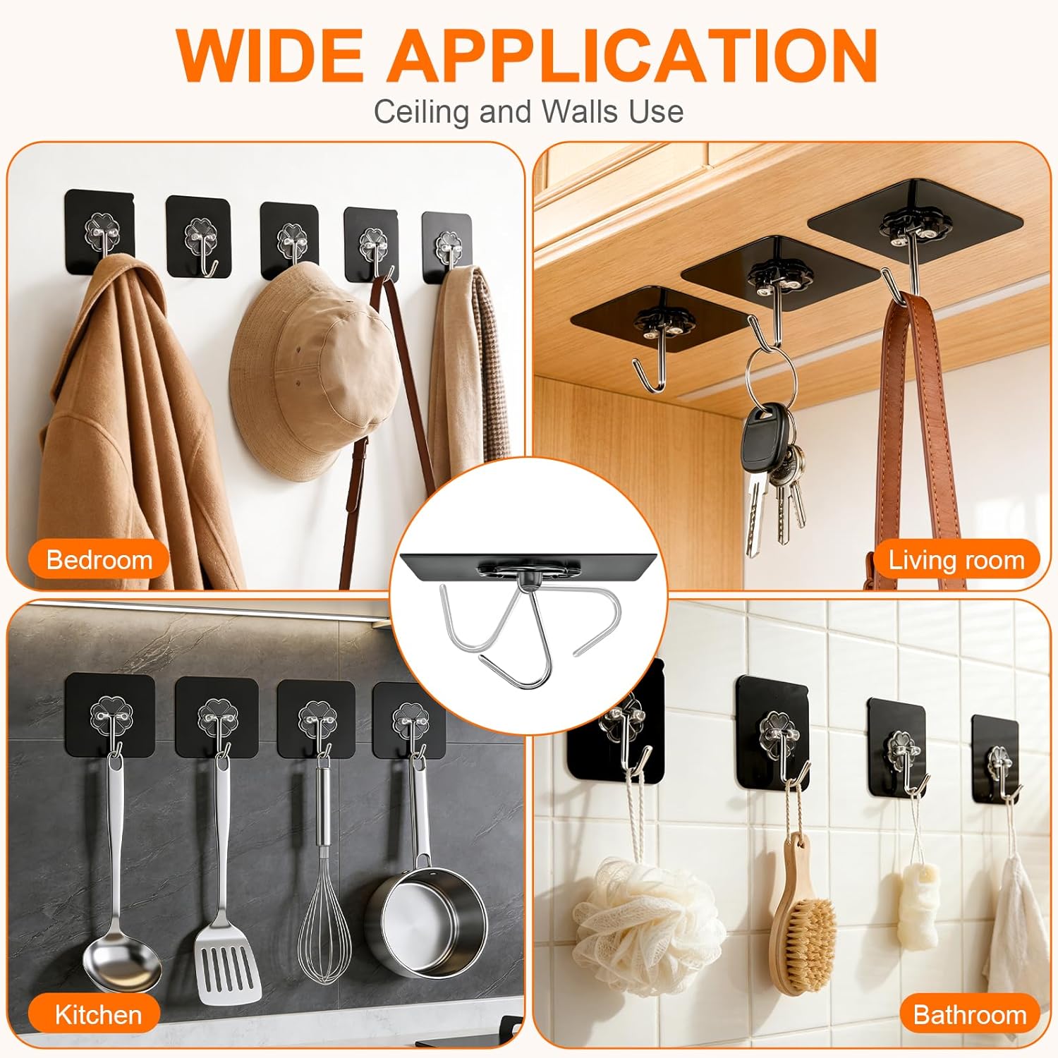 DDMY Heavy Duty Hooks Self Adhesive Hooks Newly Black Sticky for Hanging 100 Pack Waterproof Wall and Ceiling Hook with Reusable Adhesive for Shower, Kitchen, Hang Picture, Decorations,RV, No Damage