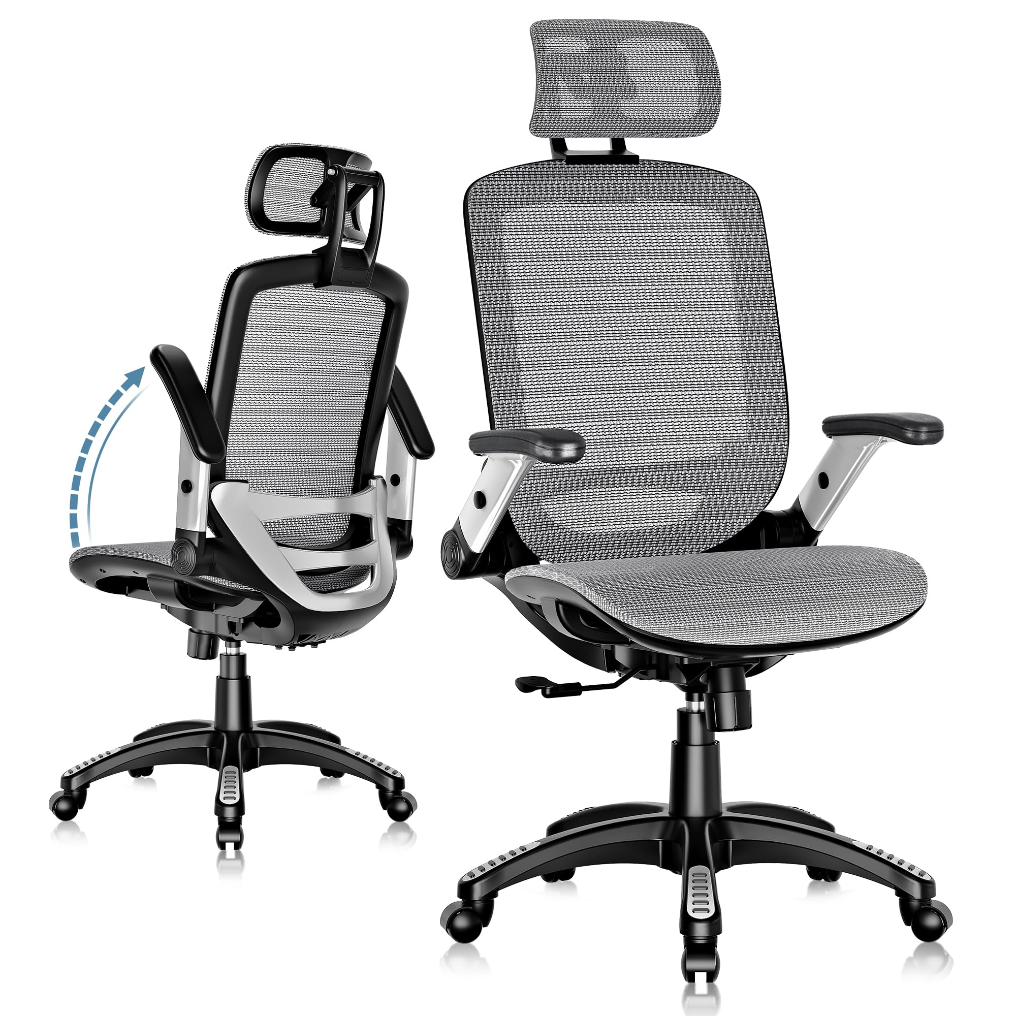 GABRYLLY Ergonomic Office Chair, High Back Home Desk Chair with Headrest, Flip-Up Arms, 90-120° Tilt Lock and Wide Cushion, Big and Tall Mesh Chairs for Man Woman, Black Task Chair