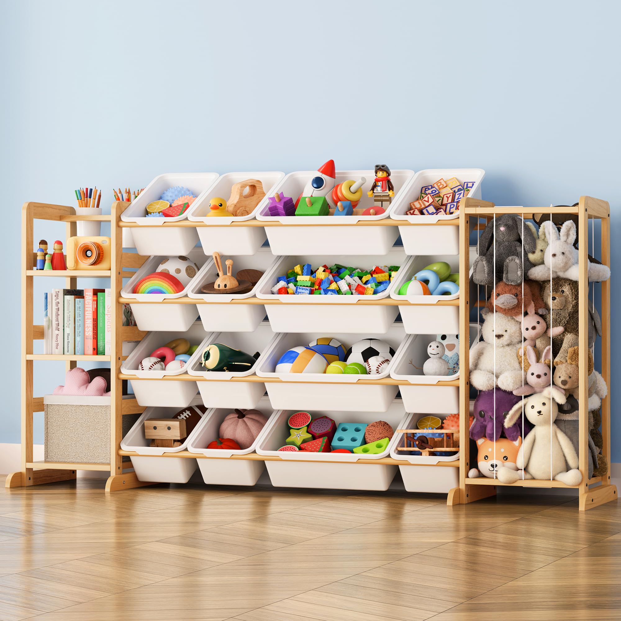 Toy Storage Organizer with Bookshelf and Stuffed Animal Storage - Kids Playroom Organization with Shelves and 12 Toy Bins - Toddler Living Room Toy Box for Lego - Nursery Bedroom Decor Essentials