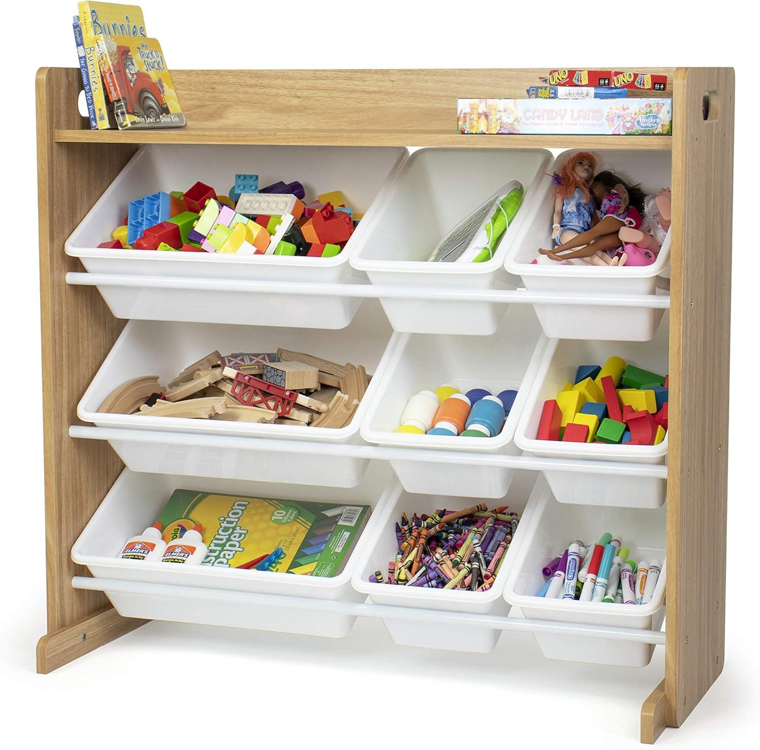 Humble Crew Toy Storage Organizer with Top Shelf and 9 Removable Bins, Natural/White – Toddler Bookshelf with Toy Organizer - Modern Toy Rack Ideal for Kids' Rooms, Playrooms, and Nurseries