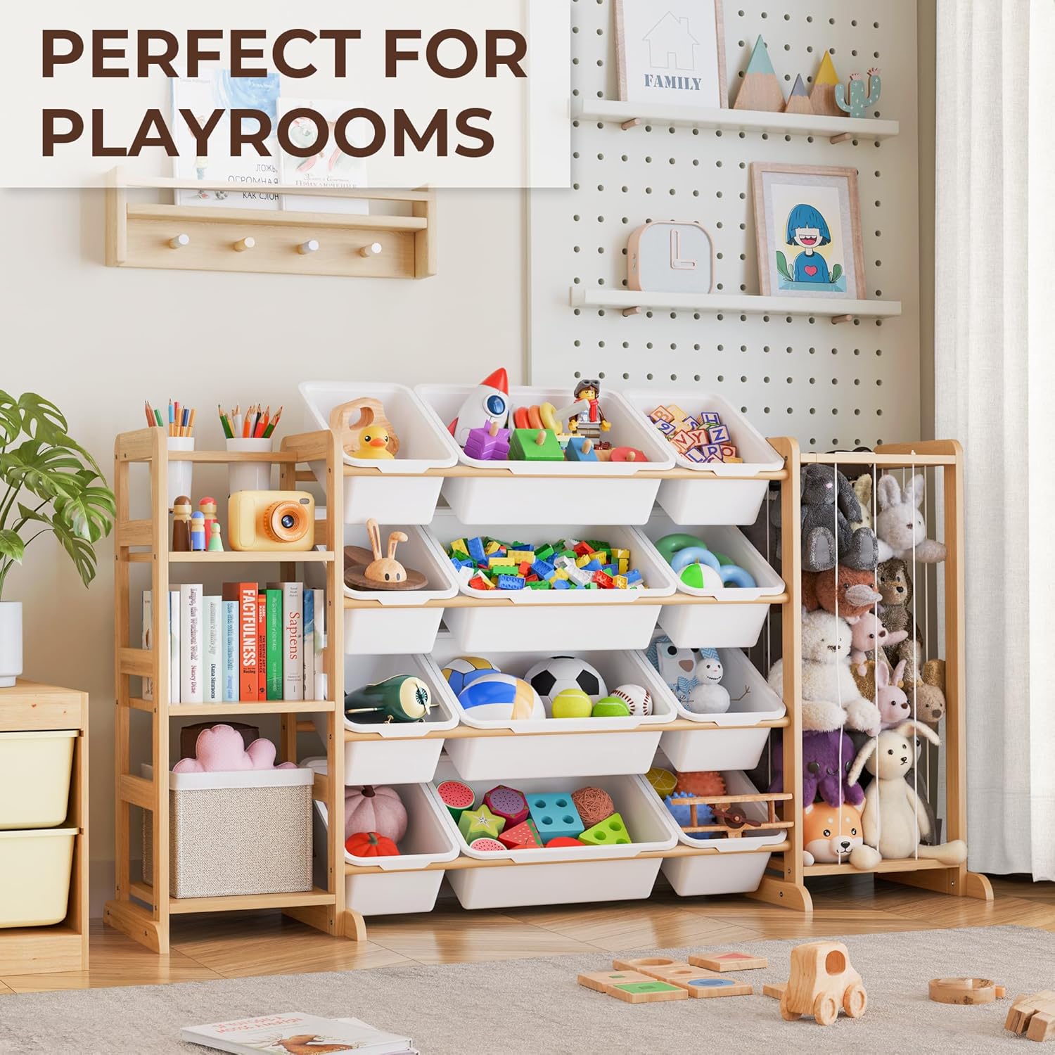 Toy Storage Organizer with Bookshelf and Stuffed Animal Storage - Kids Playroom Organization with Shelves and 12 Toy Bins - Toddler Living Room Toy Box for Lego - Nursery Bedroom Decor Essentials