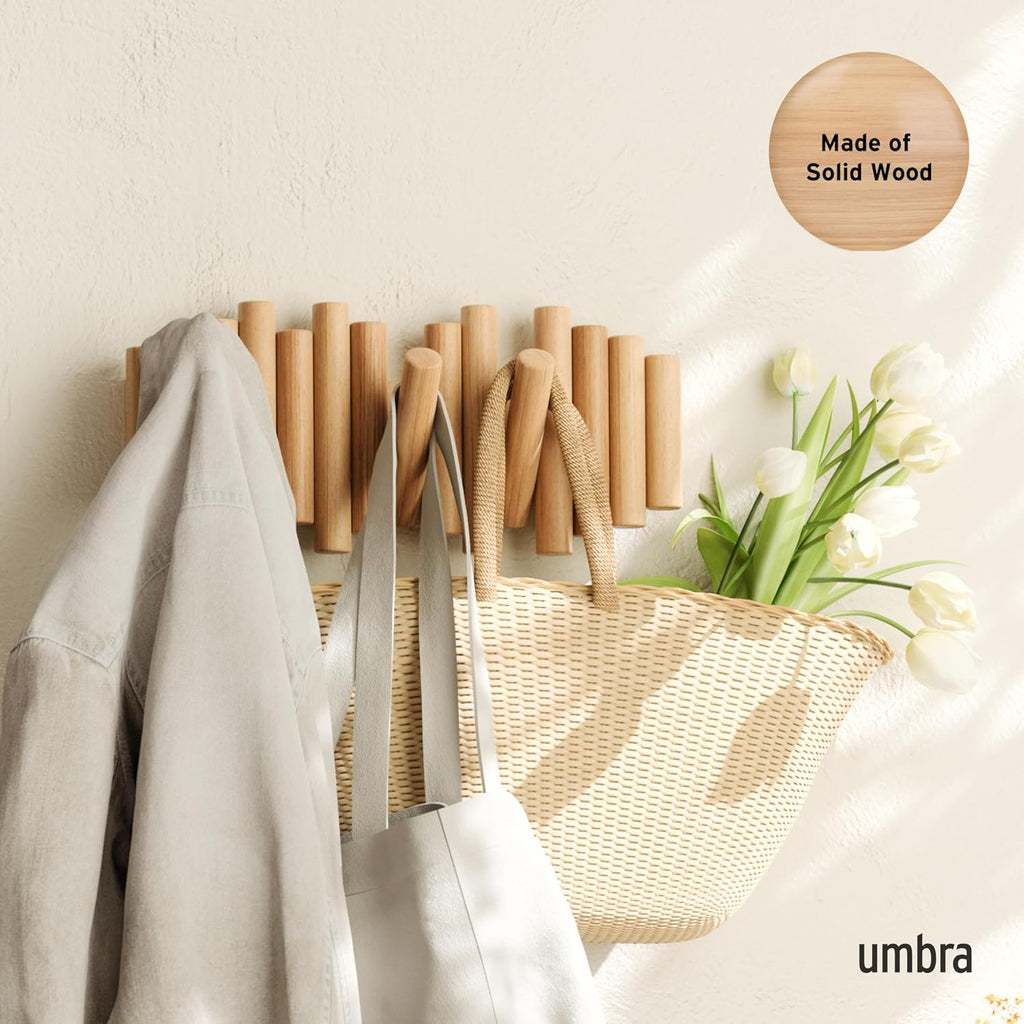 Umbra Picket Coat Rack Wall Mount – 5 Flip-Down Wood Coat Hooks, Modern & Functional Storage, Easy Install Wall Hooks, Natural