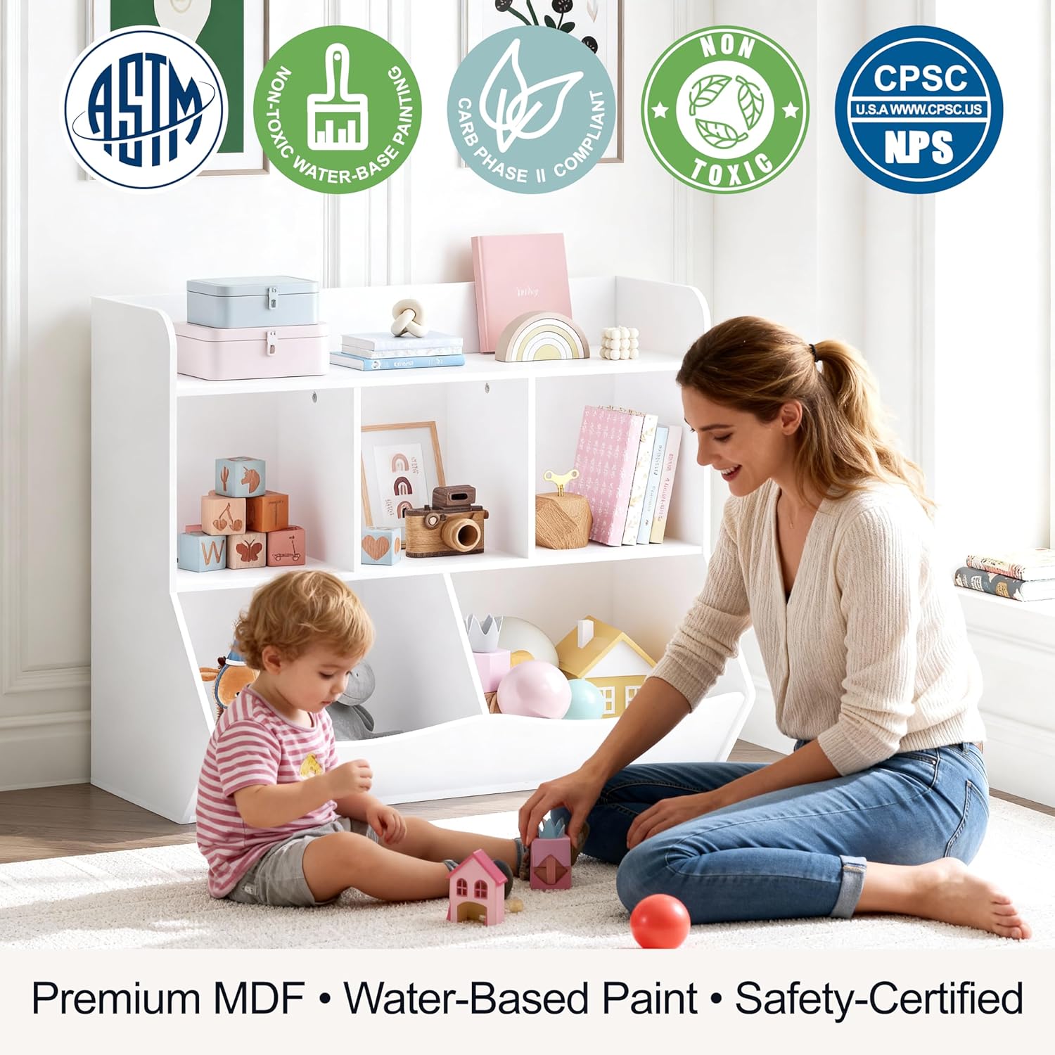 UTEX Toy Storage Organizer with Bookcase, Kid’s Multi Shelf Cubby for Books,Toys, Storage Organizer for Boys,Girls Play Room/Bedroom-White