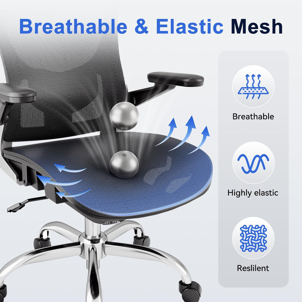 Ergonomic Office Chair, Mesh Seat Cushion with 3D Armrests and 3D Headrest, Adjustable Lumbar Support with 90-120° Rocking Function, Black