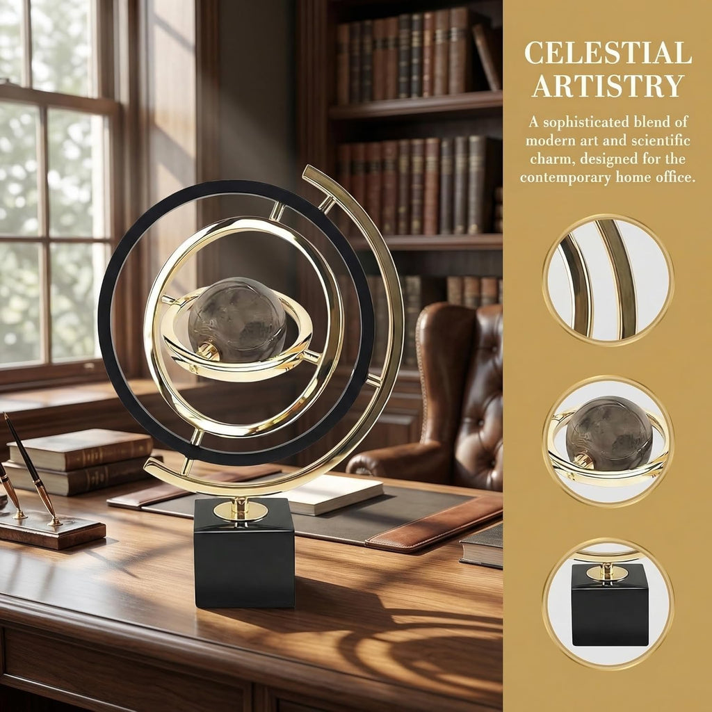 Modern Abstract Metal Globe Sculpture Ornament – Black & Gold Rectangular Base Desk Decor, Tabletop Art Piece for Home Office Shelf Living Room, Unique Housewarming Gift