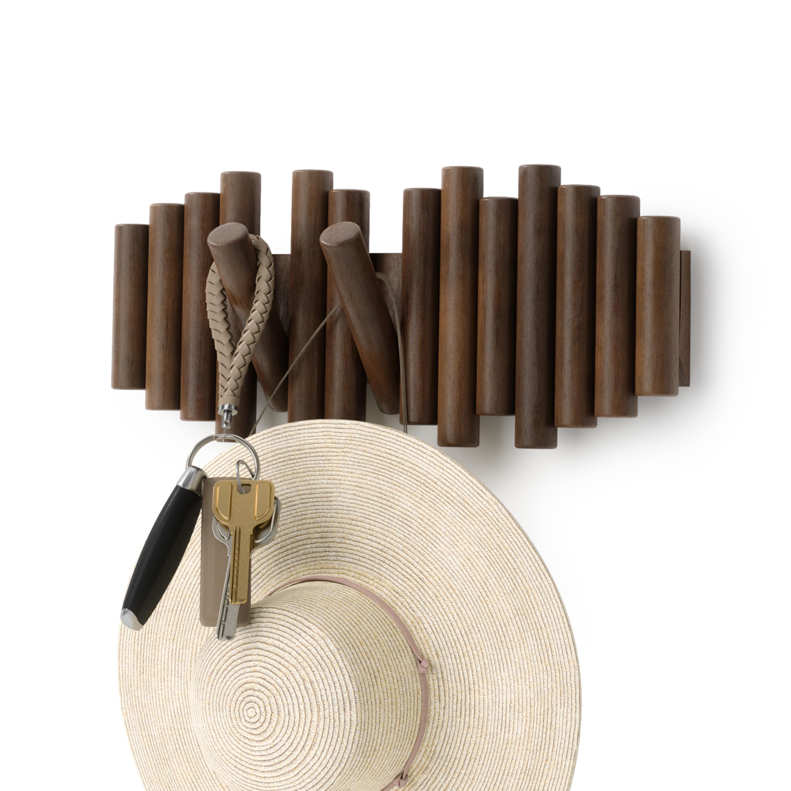 Umbra Picket Coat Rack Wall Mount – 5 Flip-Down Wood Coat Hooks, Modern & Functional Storage, Easy Install Wall Hooks, Natural