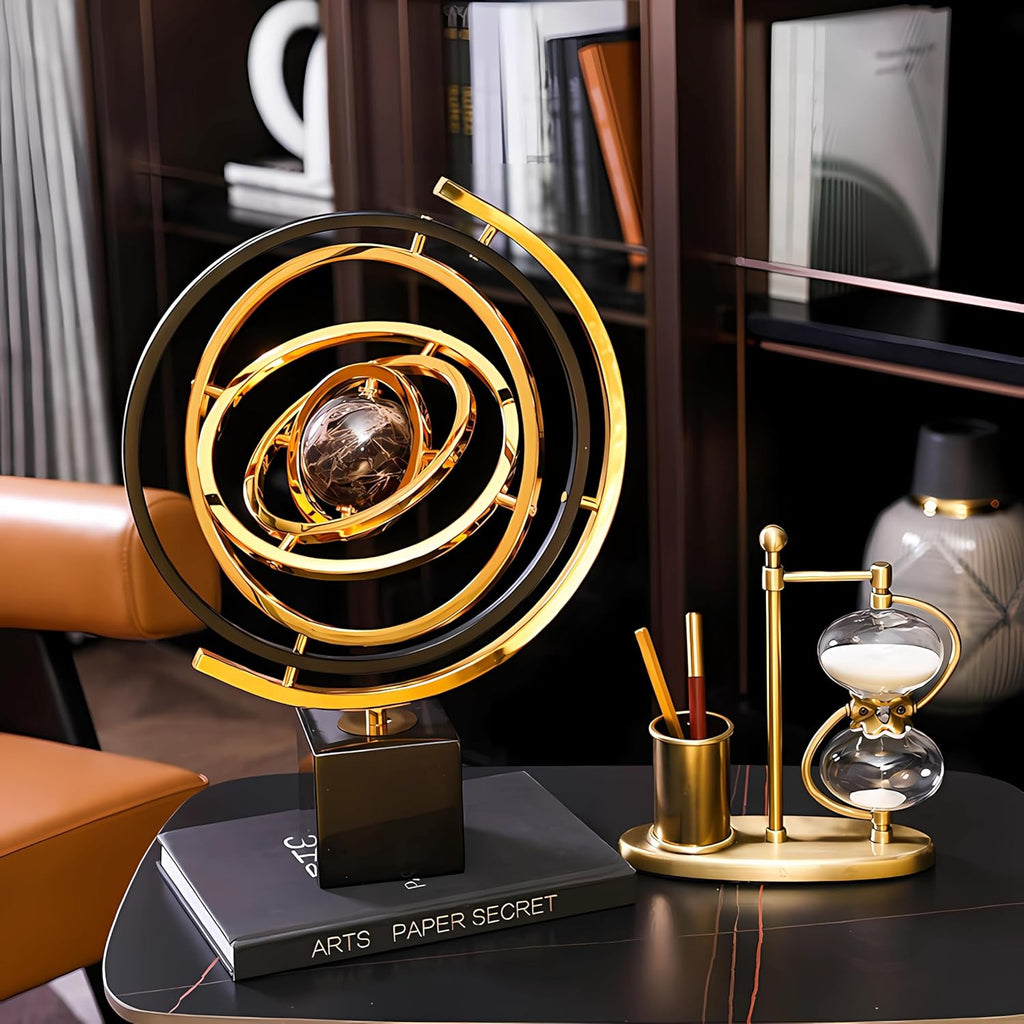 Gold Globe Abstract Art Decor, Sculptures with Rectangle Stands, Desk Decor - Black & Gold (XL, Globe)