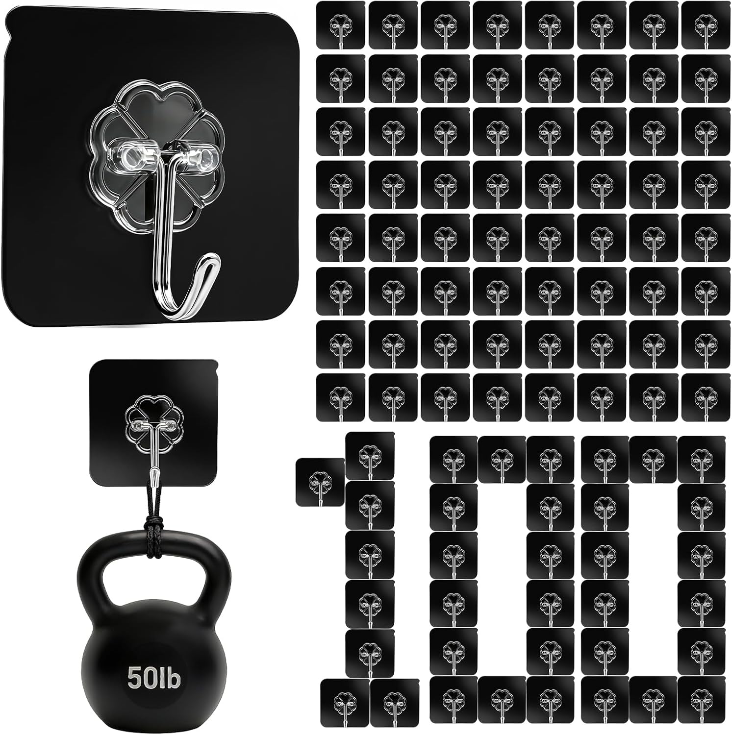 DDMY Heavy Duty Hooks Self Adhesive Hooks Newly Black Sticky for Hanging 100 Pack Waterproof Wall and Ceiling Hook with Reusable Adhesive for Shower, Kitchen, Hang Picture, Decorations,RV, No Damage