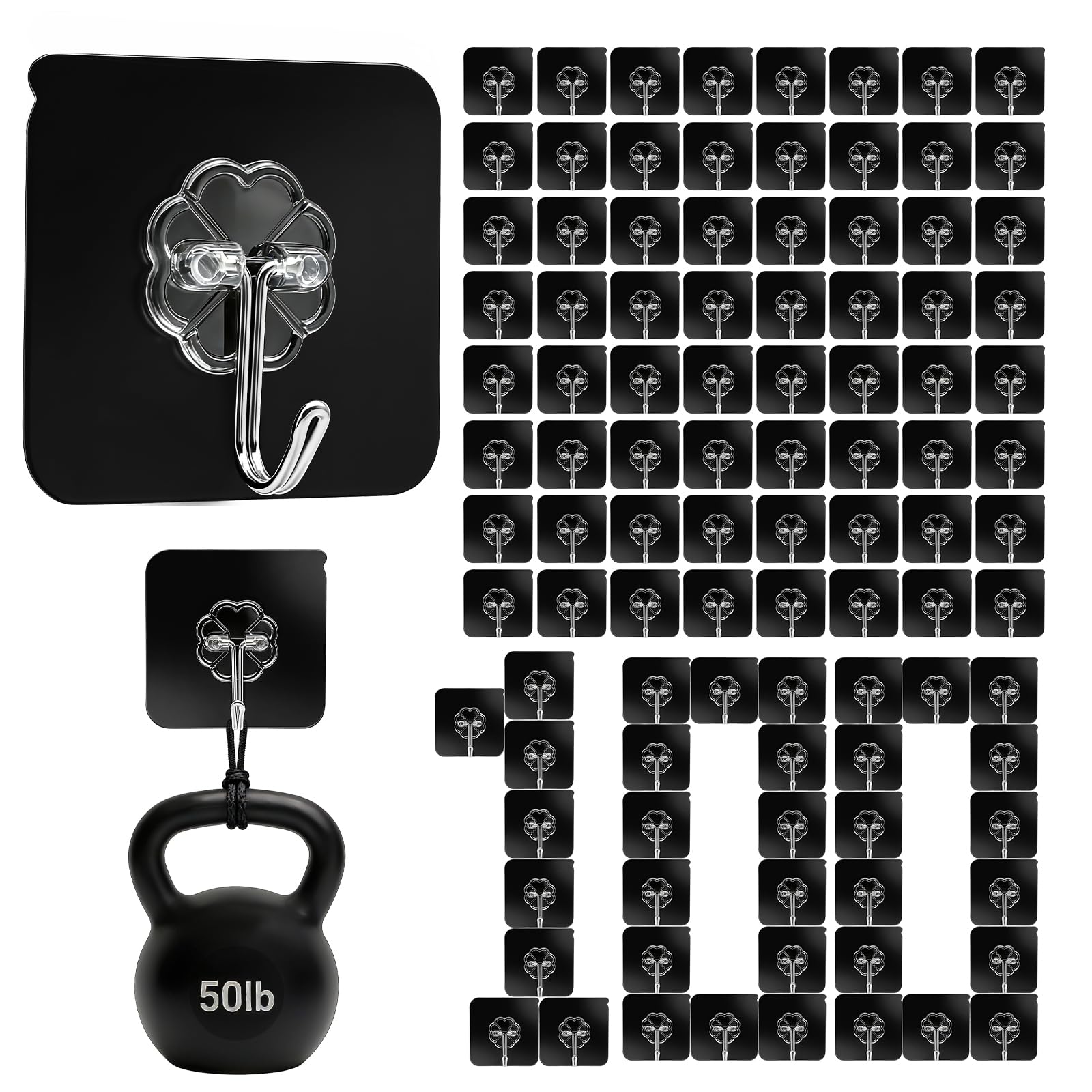 DDMY Heavy Duty Hooks Self Adhesive Hooks Newly Black Sticky for Hanging 100 Pack Waterproof Wall and Ceiling Hook with Reusable Adhesive for Shower, Kitchen, Hang Picture, Decorations,RV, No Damage
