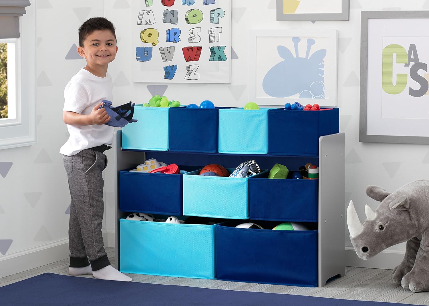 Delta Children Deluxe Multi-Bin Toy Organizer with Storage Bins, Grey/Blue Bins