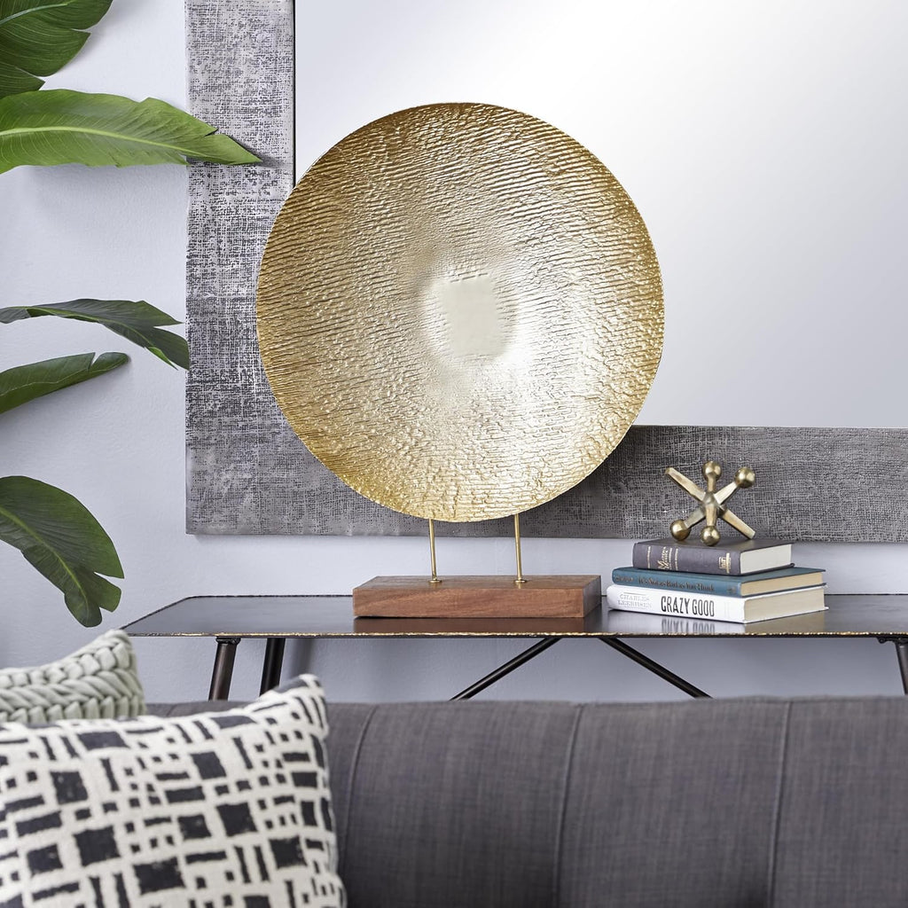 Deco 79 Metal Geometric Decorative Sculpture Plate Home Decor Statue with Wood Stand, Accent Figurine 22" x 6" x 27", Gold