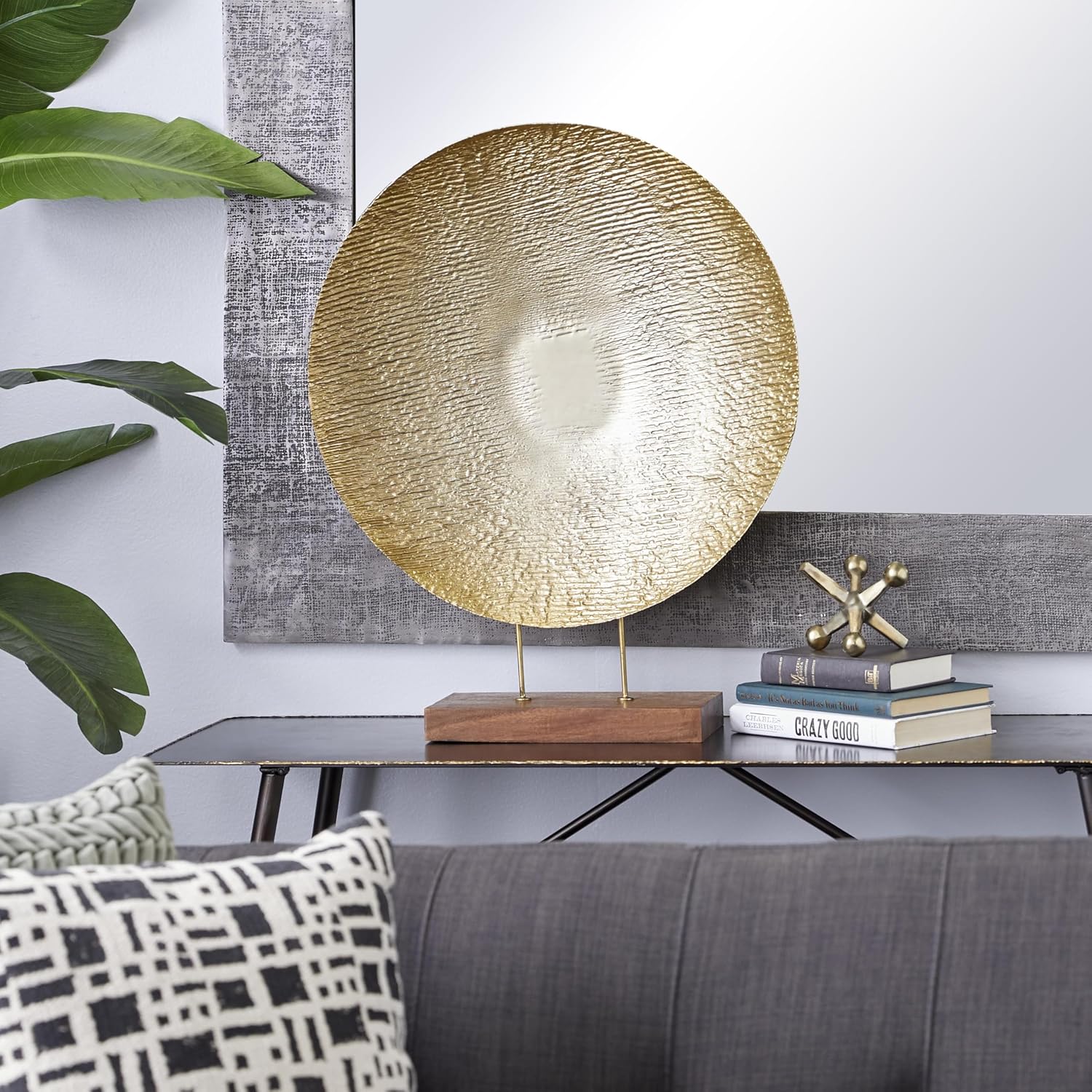 Deco 79 Metal Geometric Decorative Sculpture Plate Home Decor Statue with Wood Stand, Accent Figurine 22" x 6" x 27", Gold